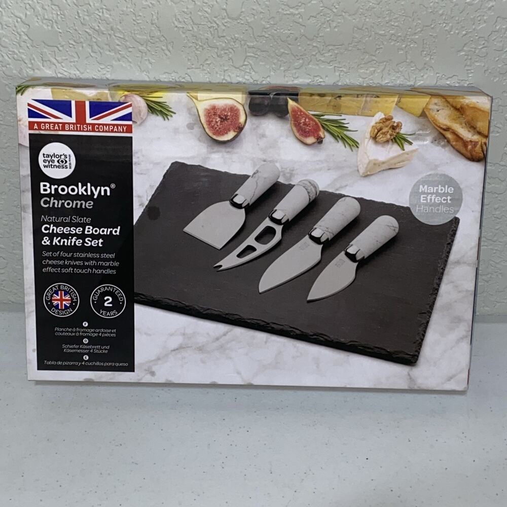 Natural Slate Charcuterie Cheese Board‎ & Knife Set 5 Pc Brooklyn Chrome NEW